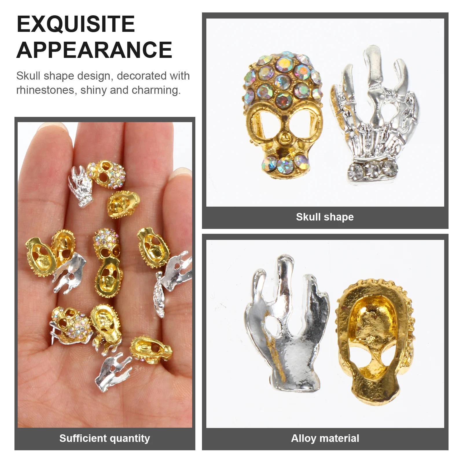 40 Uds. De dijes para uñas con cabeza de calavera y diamantes de imitación, decoración artesanal para uñas, pegatinas para manicura