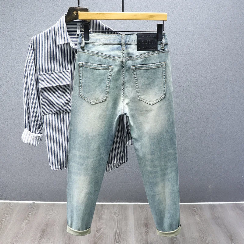 2025 Spring Summer Fashion High-end Rhinestone Print Design Light Luxury Jeans Men Slim Fit Stretch Versatile Skinny Pants