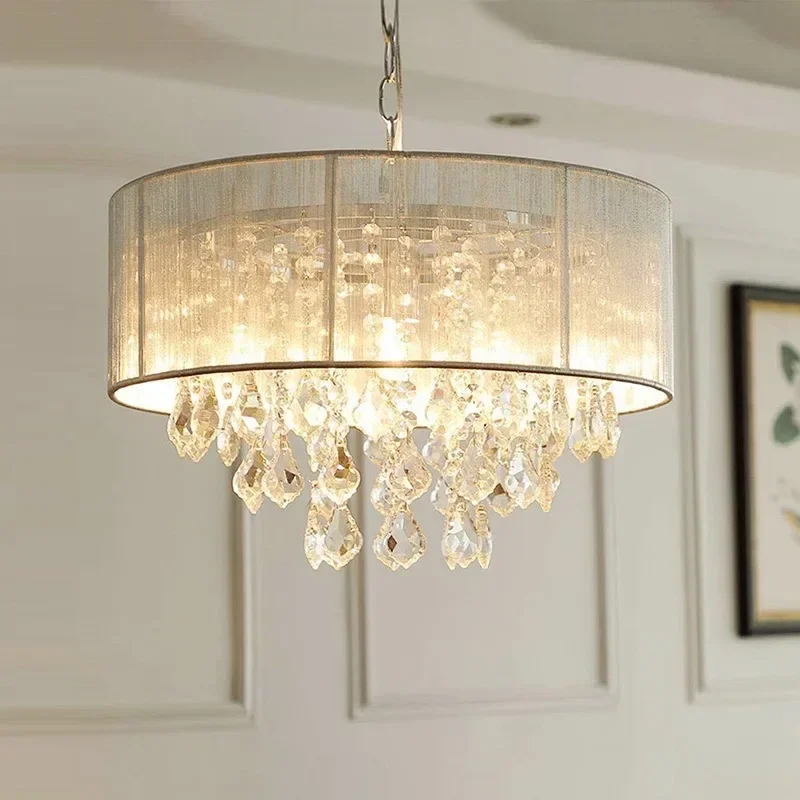 

Modern Simple Crystal Pendant Master Bedroom Romantic Fabric Restaurant Home Living Room Lustre Study E14 Bulb LED Lighiting