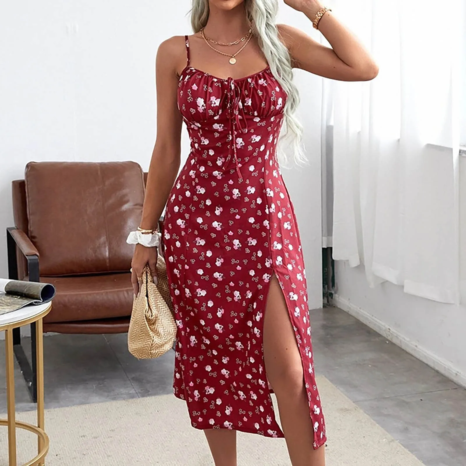 New Summer Floral Print Dresses for Women Sexy Spaghetti Strap Boho High Slit Party Beach Dress Elegant Lady Sundress Robe Femme