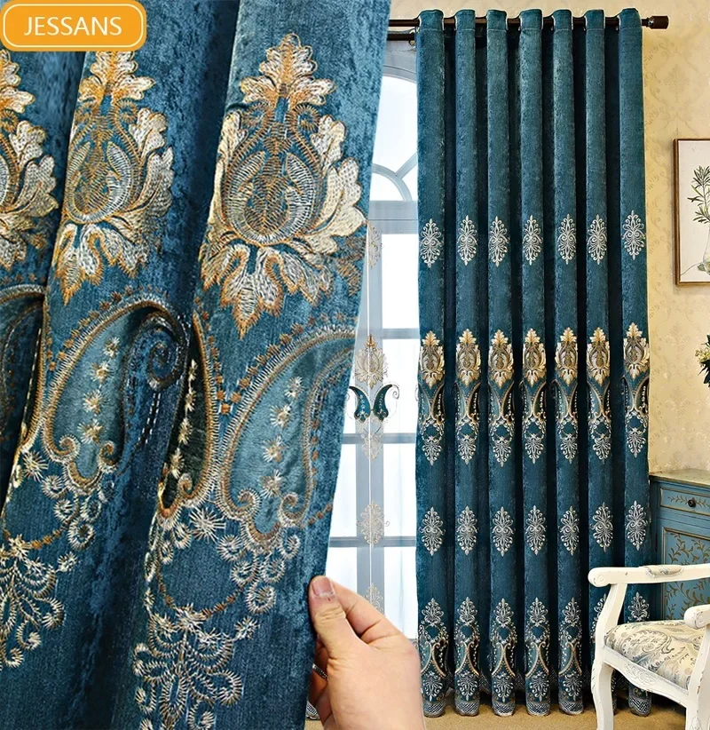 2024 European-Style Chenille Embroidered High Shading Light Blackout Curtains for Living Room Bedroom Curtains Luxury Home Decor