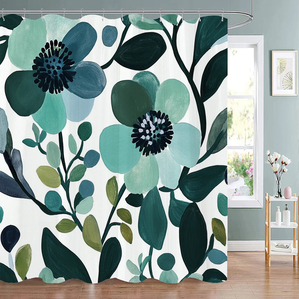

Занавеска для душа с акварельными синими цветами и растениями, декоративная занавеска для душа в ванной комнате, водонепроницаемая занавеска для душа с крючками