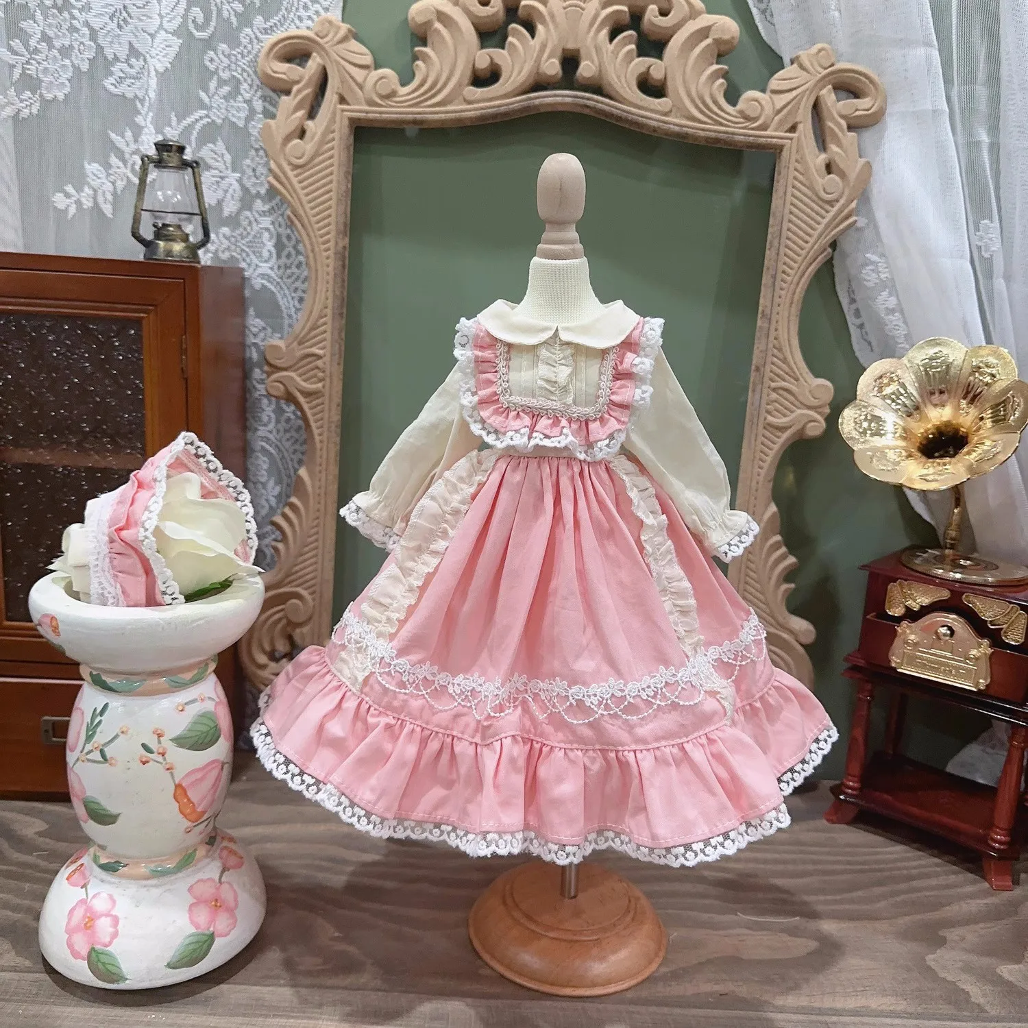 BJD Doll clothes Suitable for 1/3 1/4 1/6 blythe size doll collar pink long sleeve maid dress doll accessories