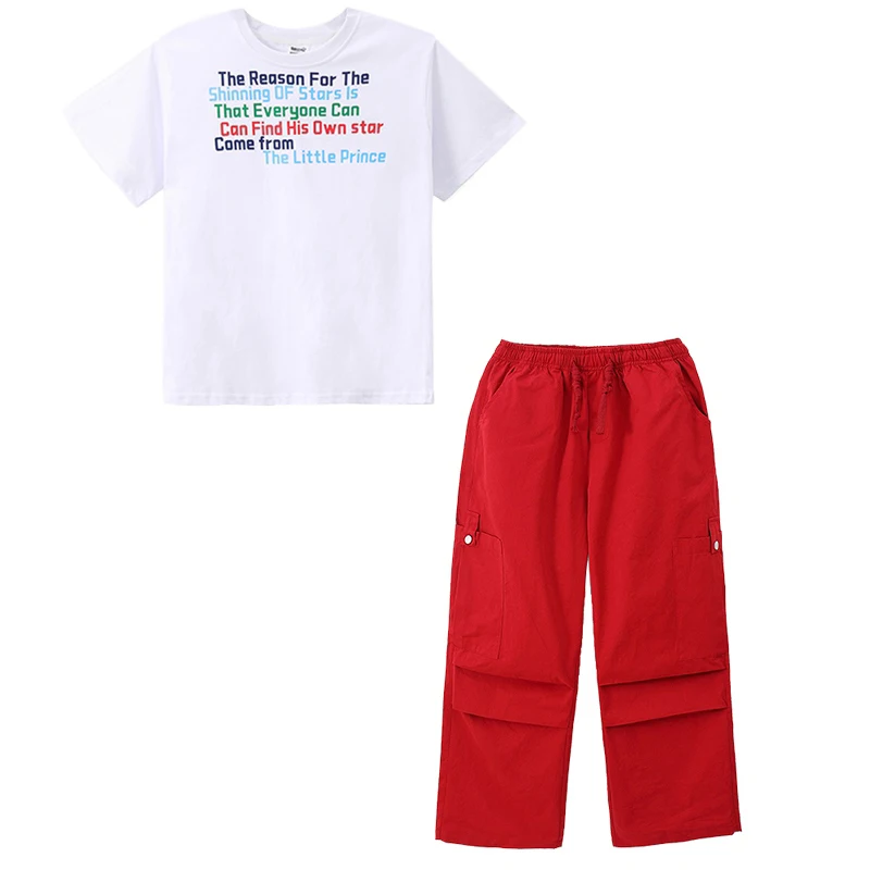 Ropa de calle para niños y niñas, Tops sueltos blancos, pantalones Cargo rojos, trajes de escenario de actuación moderna de Jazz, DQS16392, nuevo