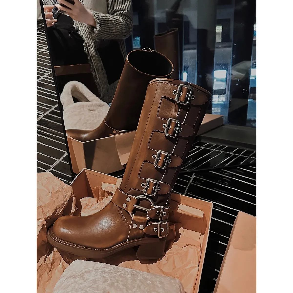 

Women's Western Style High Top Boots Buckle Strap Chunky Heel Leather Version Autumn Winter Fashion Knight Style Boots