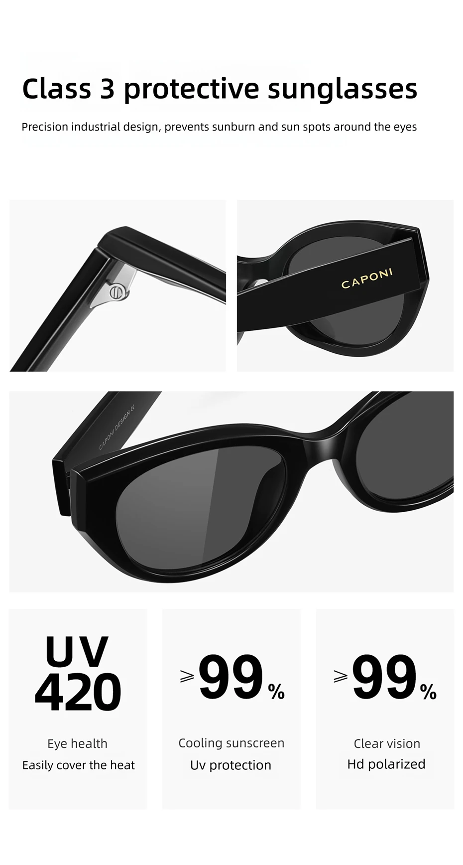 CAPONI Polarisierte Damen-Sonnenbrille mit Katzenaugen-Design, EMS-TR, Outdoor-Mode, Vintage-Design, Marken-Sonnenbrille, UV400, schwarzer Farbton, CP36029 – Detail 5