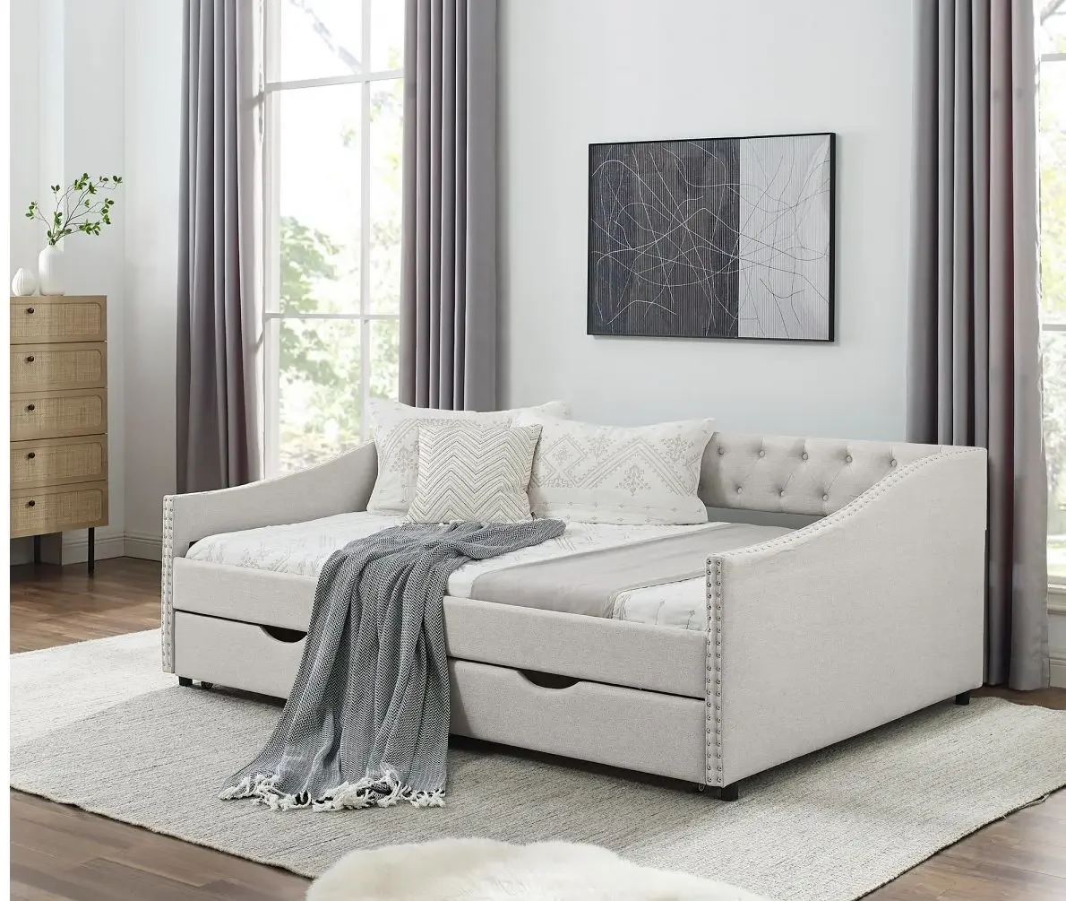 Full Size Daybed with Drawers Upholstered Tufted Sofa Bed, with Button on Back and Copper Nail on Waved Shape Arms，Beige