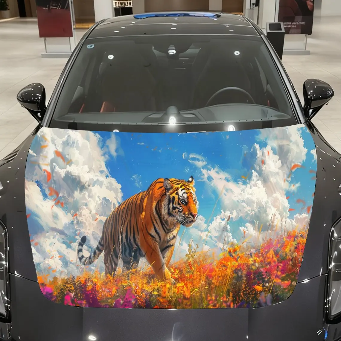 Wildflower Field Tiger Car Hood Wrap, Auto Cover Sticker, Waterproof and Self-adhesive Car Hood Decal, Cool Car Exterior Decal,