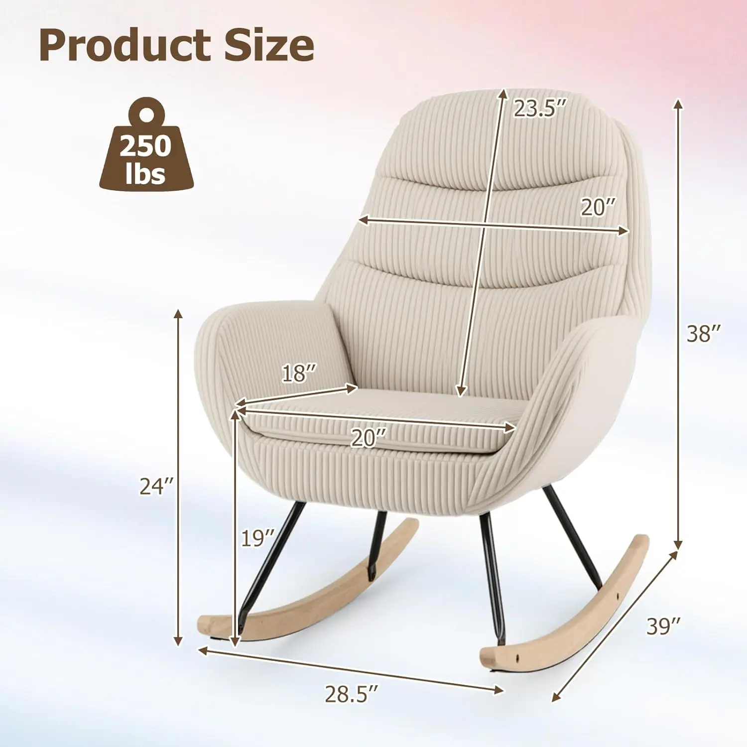 Rocking Chair Nursery, Upholstered Glider Rocker with Padded Backrest & Seat, Rubber Wood Feet, Customized