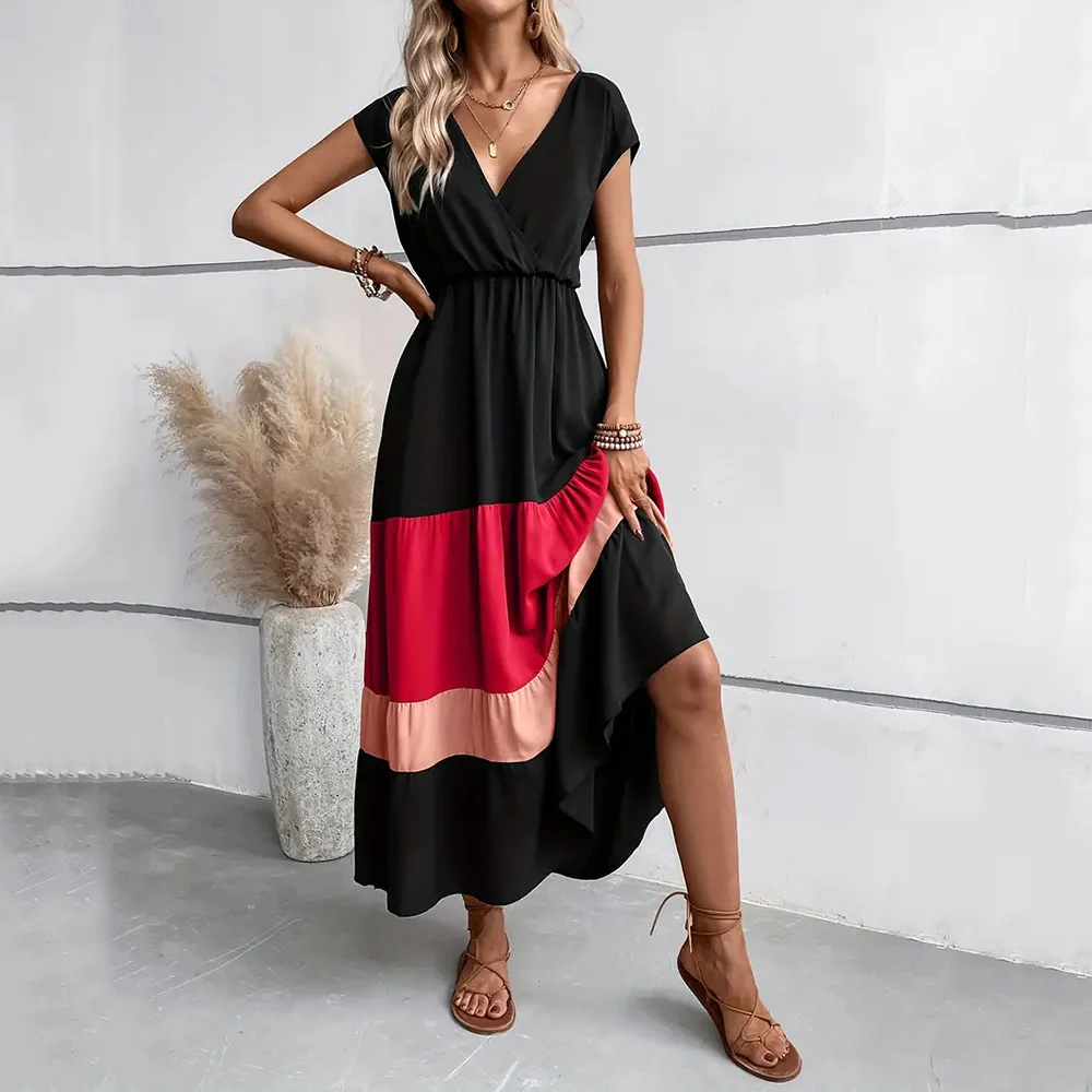 Black Color Block Short Sleeve V Neck Pleater Long Dress Women Summer Casual Polo Collar Flowy Maxi Dresses Vacation 2024 Wear