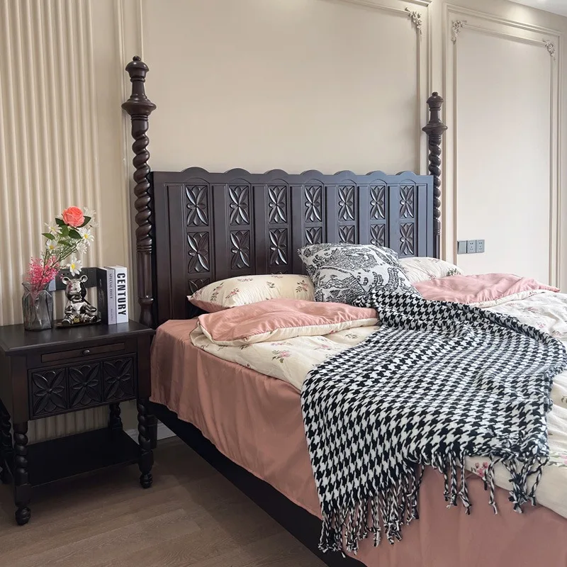 French retro solid wood bed, post-modern simple hand-carved bedroom furniture American light luxury double wedding bed carving 2