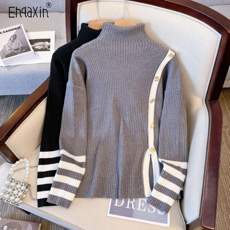 EHQAXIN Womens High Neck Sweater 2022 Autumn Winter Korean Fashion Thick Warm Stripe Buttons Split Knitwear Loose Sweater L-4XL