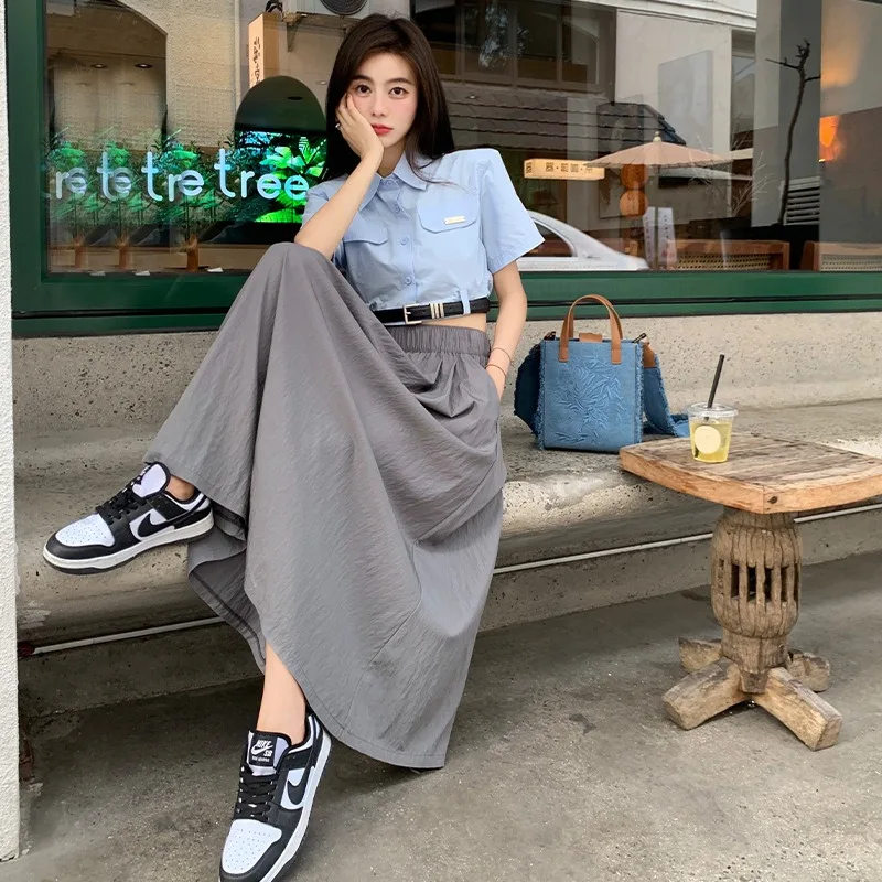 Women Summer New French Style Knee-Length Solid color dress girl student Slim Fit Mid-Length Vintage A-Line Flared Skirt Fashion
