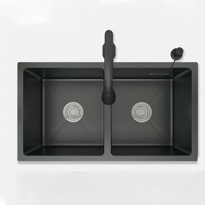 Fregadero moderno de acero inoxidable 304 para cocina, lavabo de encimera negro Nano, doble ranura, creativo, de alta capacidad