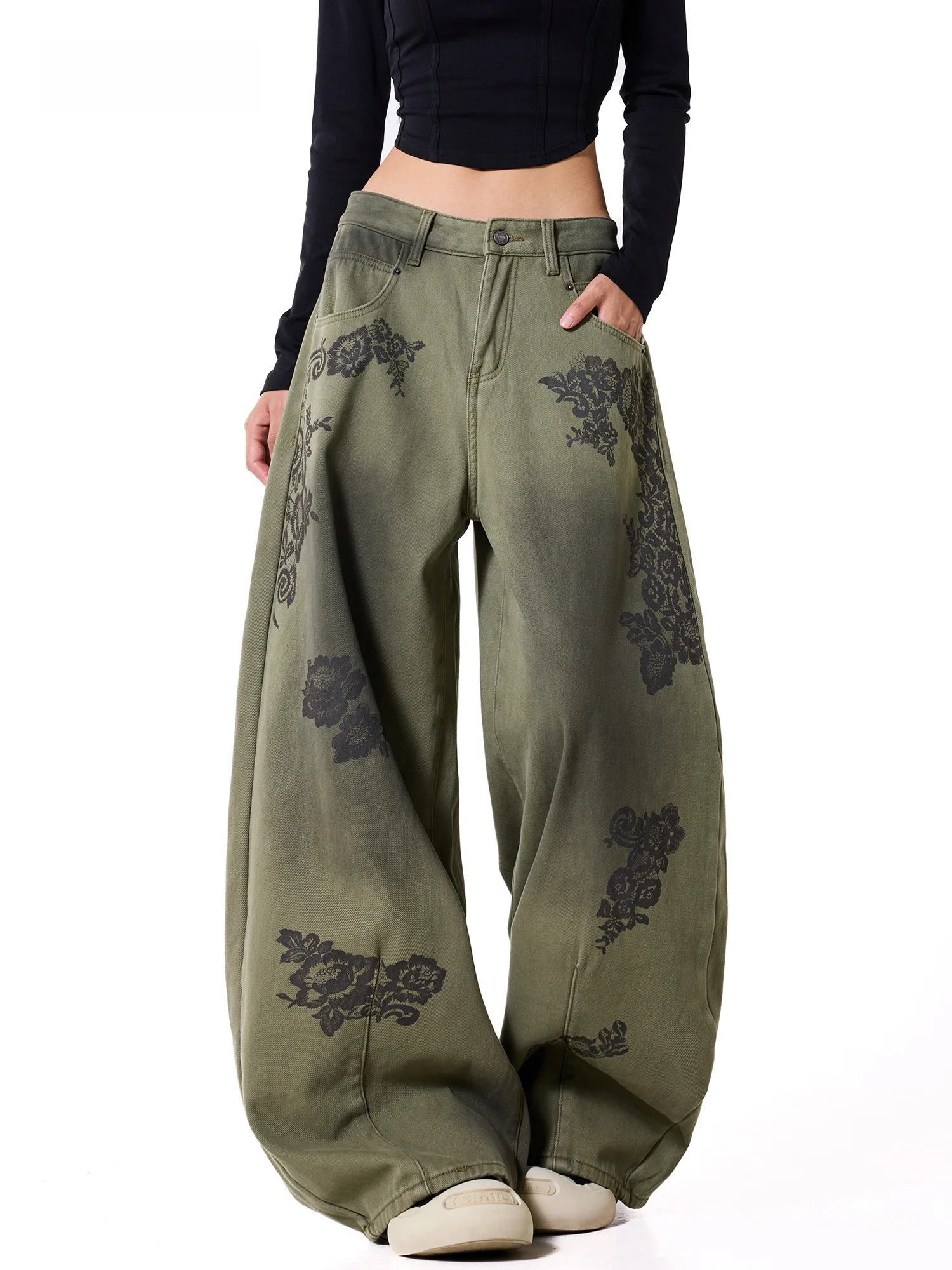 High Waist Wide Leg Jeans Women's Autumn Winter Fleece Lined Print Design Casual Comfortable Breathable Cotton Denim Pants