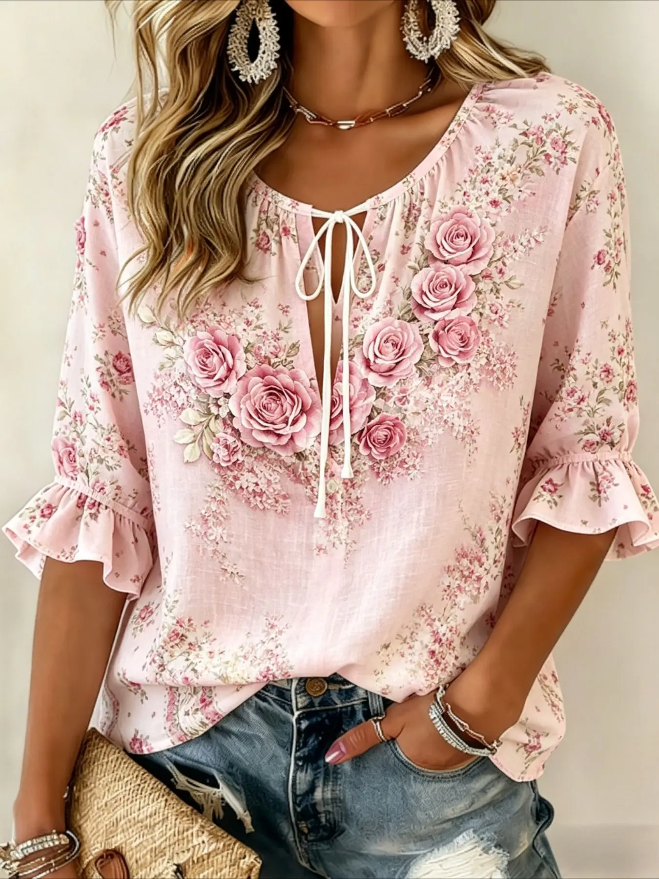 Women's Spring Summer 3D Printed Tie V Neck Blouse, Pink White Gradient Dot Geometric Lace Trim Vacation Top