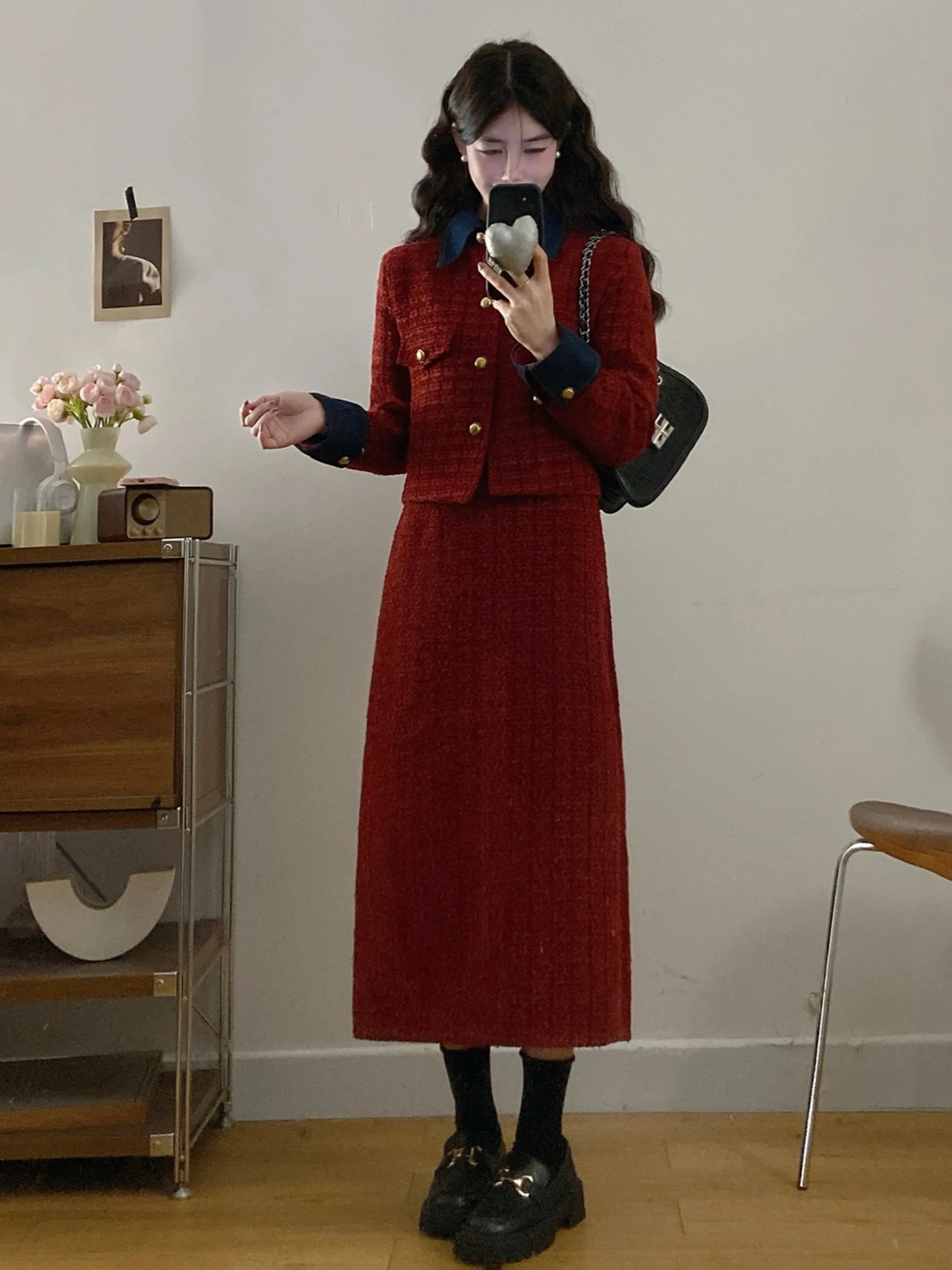 

Red Woolen Short Coat And High Waist Skirt Set for Women plus Size Fashionable MM Little Fragrance Style New Year's Outfit