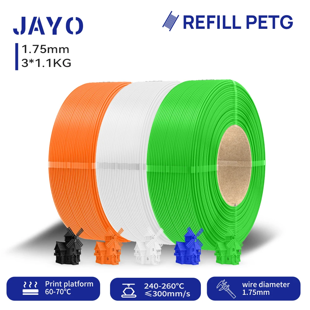 JAYO 3,3KG Nachfüll-PETG-Filament 1,75mm Nachfüll-3D-Drucker-Filament geeignet für Bambu Lab Filament & ungiftige wiederverwendbare Spulen 1,1KG/Rolle
