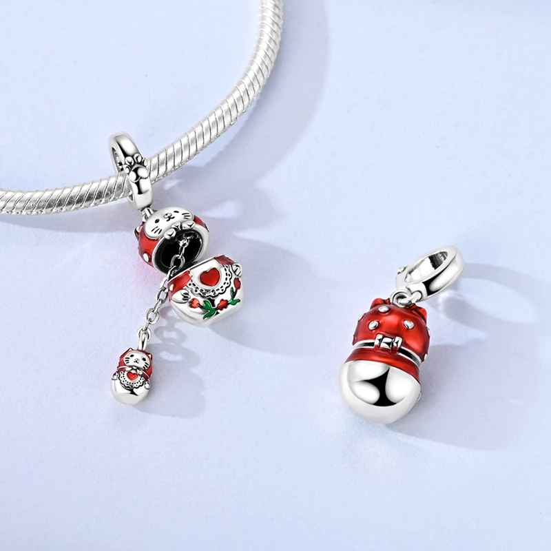 925 Sterling Silver Red Series Cat Ladybug Koi Fish Heart-Shaped Charms Beads For Women Fit Original Bracelet DIY Jewelry Gifts view 6