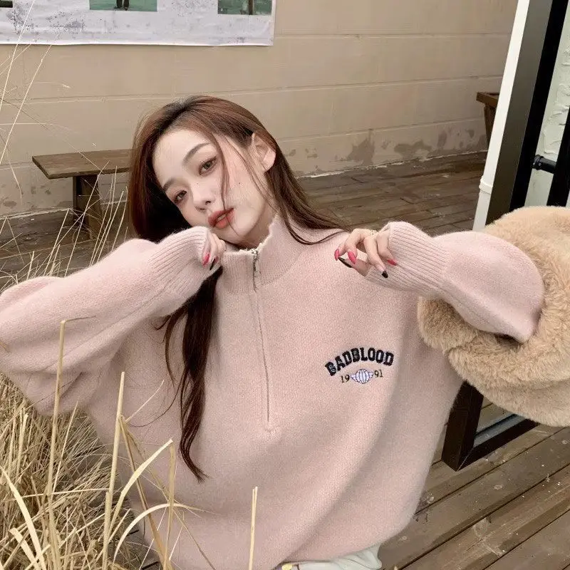 Korean sweater women\'s lazy style embroidered autumn and winter new 2024 half zipper thickened loose slimming sweater y2k tops