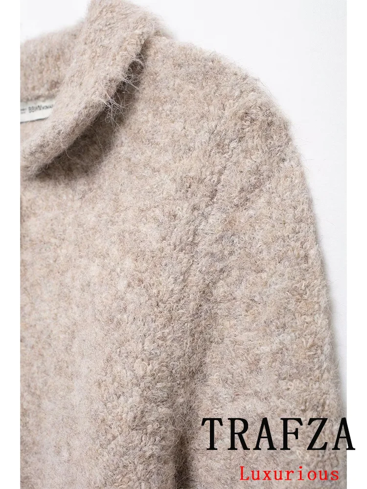 TRAFZA Vintage Casual Chic Women Fur Sweater Flower Button Solid Long Sleeve Knit Cardigans Fashion 2024 Autumn Winter Sweater