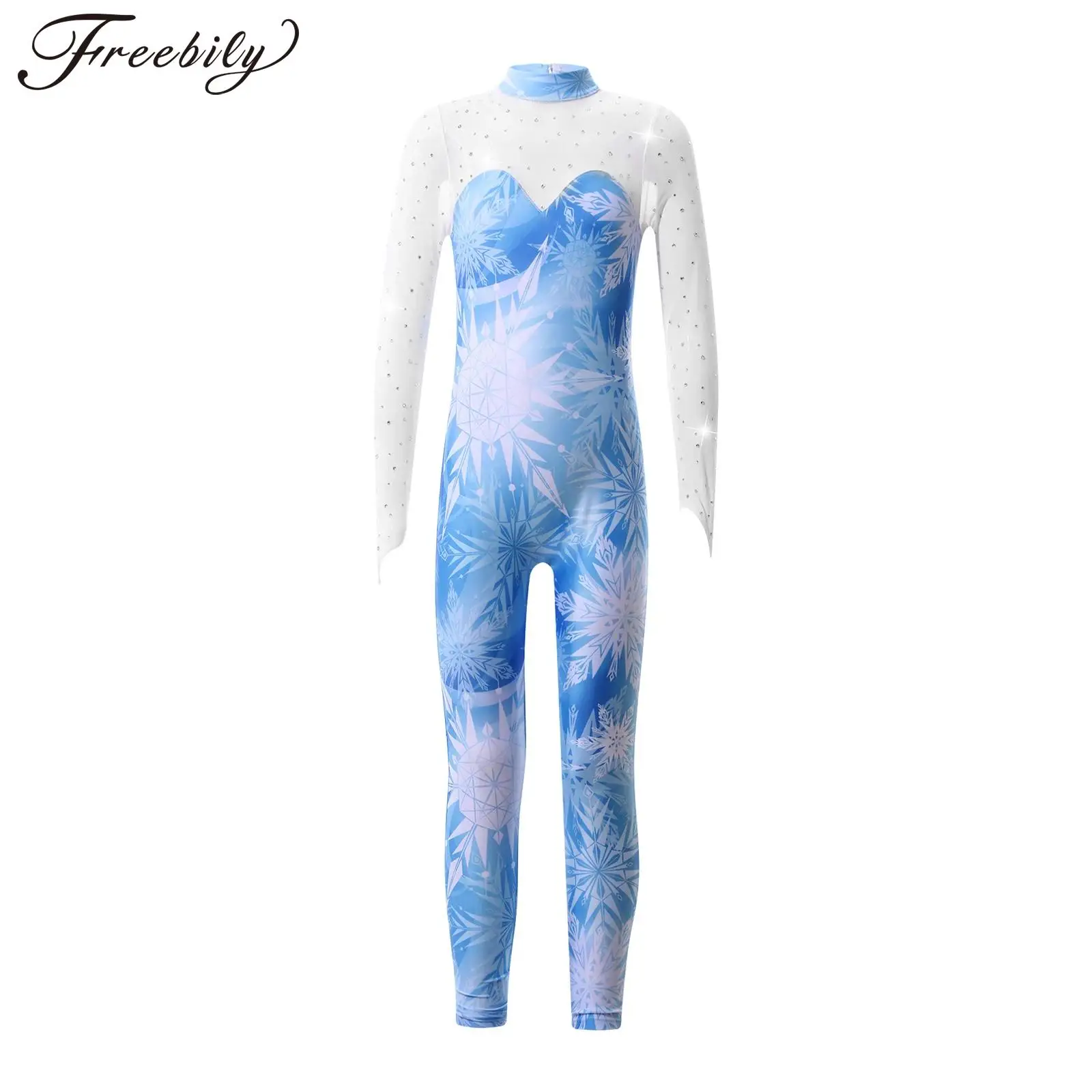 Kids Girls Ballet Dance Gymnastic Leotard Figure Skating Acrobatics Yoga Bodysuit Long Sleeve Print Shiny Mesh Jumpsuit Unitard