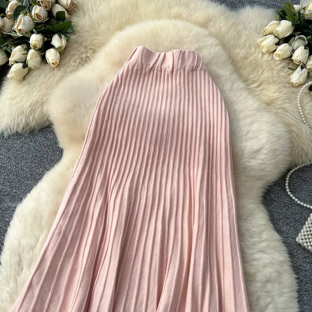 Damskie spódnice dzianinowe, plisowane, do kostek, w kształcie litery A, z elastyczną talią, luźne, eleganckie, codzienne, do biura, na wiosnę i jesień 2025.