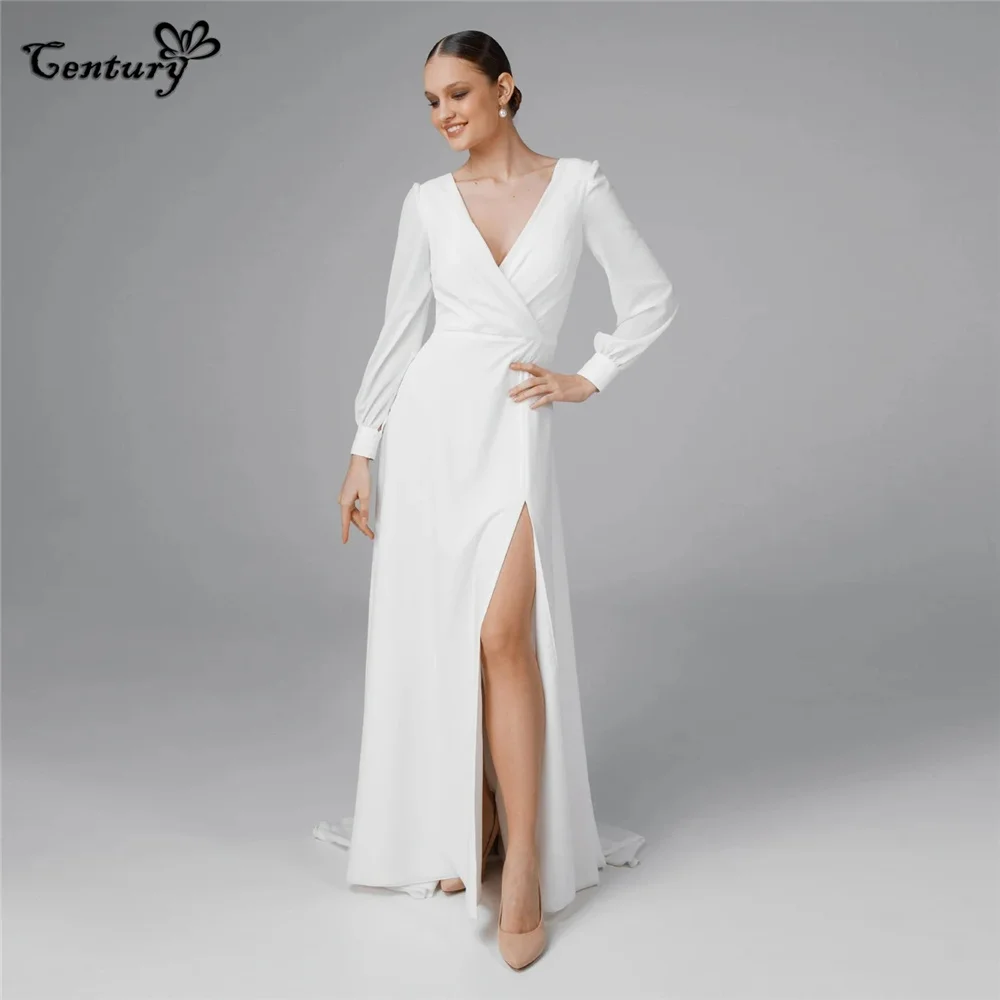 

Civil Wedding Dress for Women Bride Side Slit Long Sleeve V Neck Floor Length Bridal Gowns Vestidos Novia Abiti da Sposa