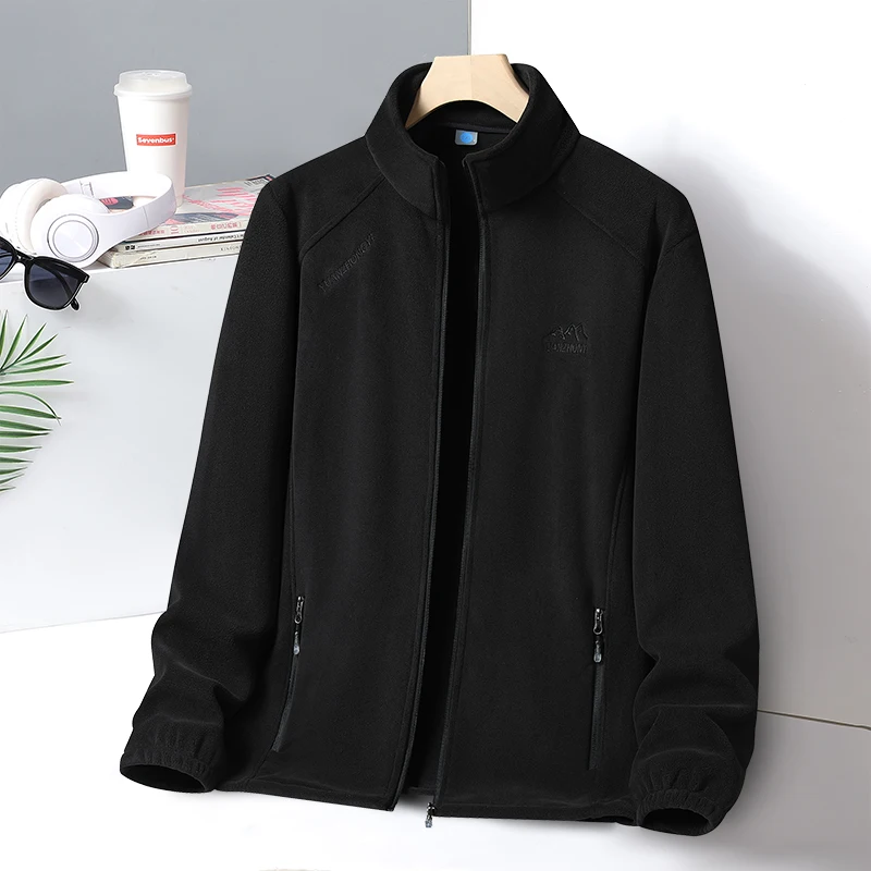 Winter Men's Fleece Zipper Letter Embroidery Jacket Outdoor Windproof Stand Collar Keep Warm Sweatshirt Thickened Travel Coats