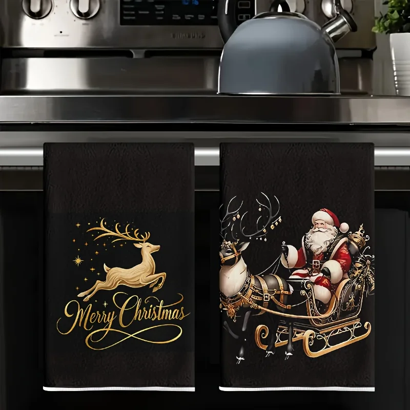 Pack of 2, Black Deer Santa Kitchen Towels