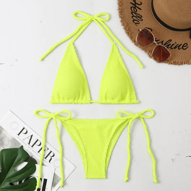 New Sexy Neon Yellow Thong Bikinis Two Pieces Swimsuit Women Swimwear Beach Wear Swim Bathing Suits Brazilian Micro Bikini 2025