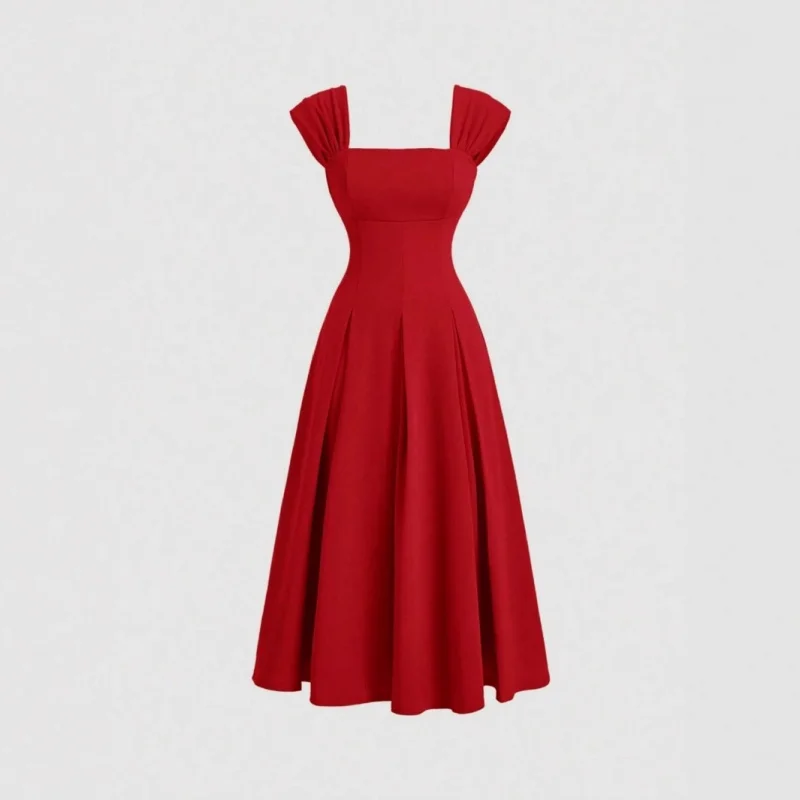 ผู้หญิงฤดูร้อนใหม่สีแดงถักเอว-Cinching Elegant A-Lineชุดผู้หญิงแฟชั่นจีบBig Hemสแควร์ชุด