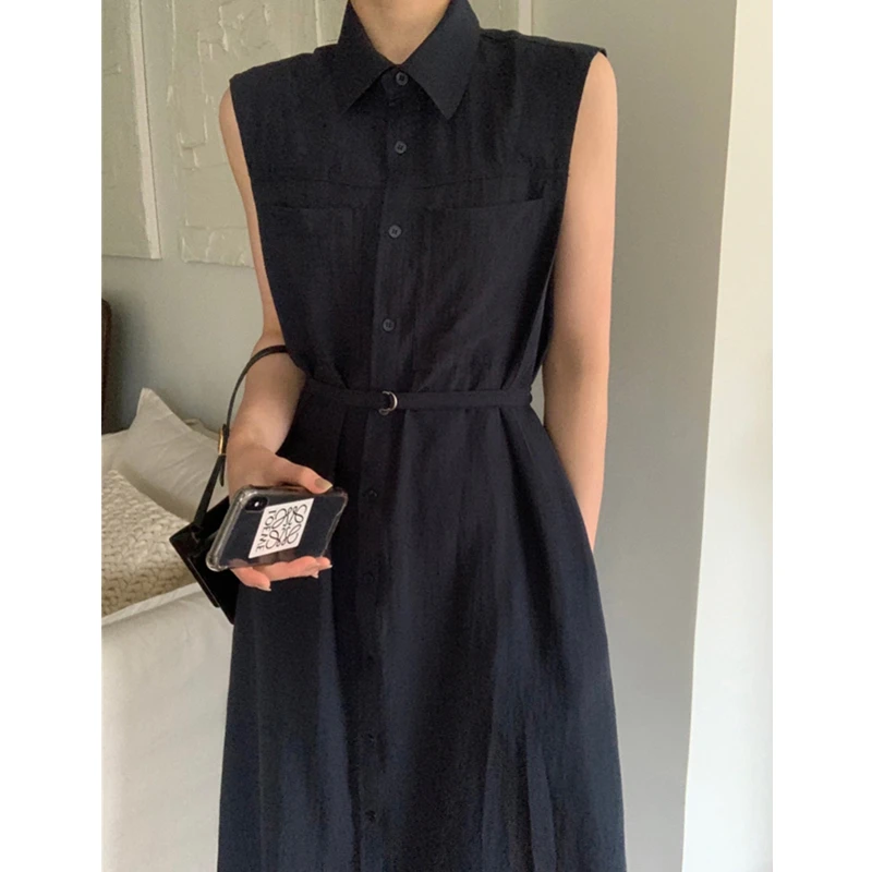 REALEFT Sommer Ärmellose frauen Hemd Kleider Solide Einreiher Elegante Taschen Gerade Kleid Weibliche 2024 Neue