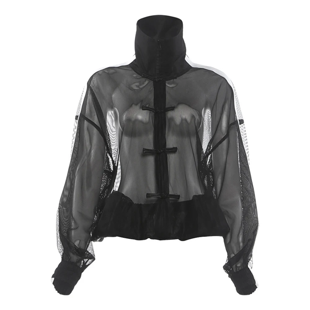 Women Chinese Style Frog Button Sheer Mesh Jacket Stand Collar Striped Long Sleeve Perspective Streetwear Cardigan