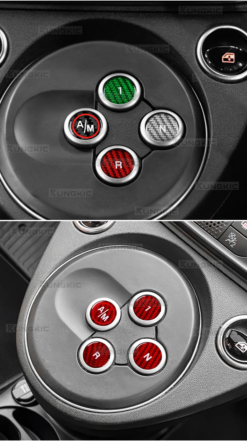 Dreifarbiger trockener Kohlefaser-Aufkleber für Abarth 595 695 2012–2017 2018 2019 2020 2021 2022 2023 2024 Automatik-Schaltknopf – Detail 5