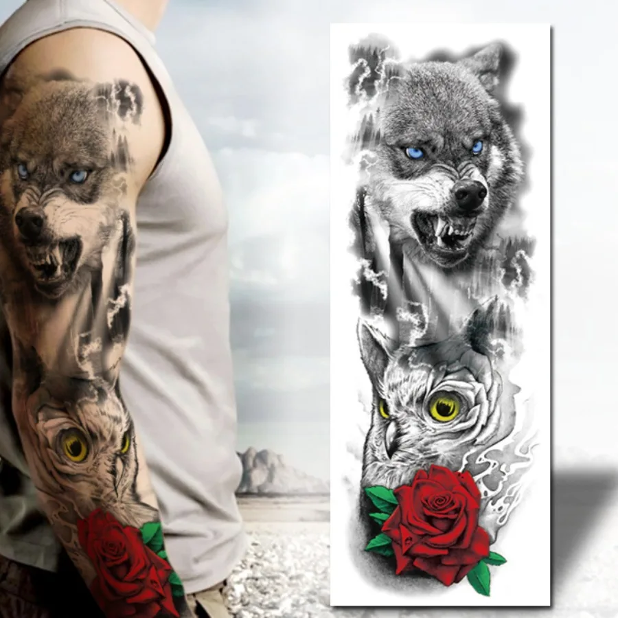 

Большой рукав Лев Корона Король Роза Водонепроницаемая временная татуировка Наклейка Мода Дикий Волк Тигр Мужчины Полный Череп Тотем Женщины