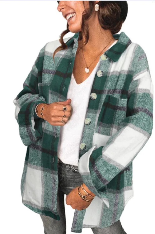 Casual Women\'s Single-breasted Patch Pocket Casual Shirt Coat Autumn Winter 2022 Thickened Fashion Loose Plaid Shirt Coat Top