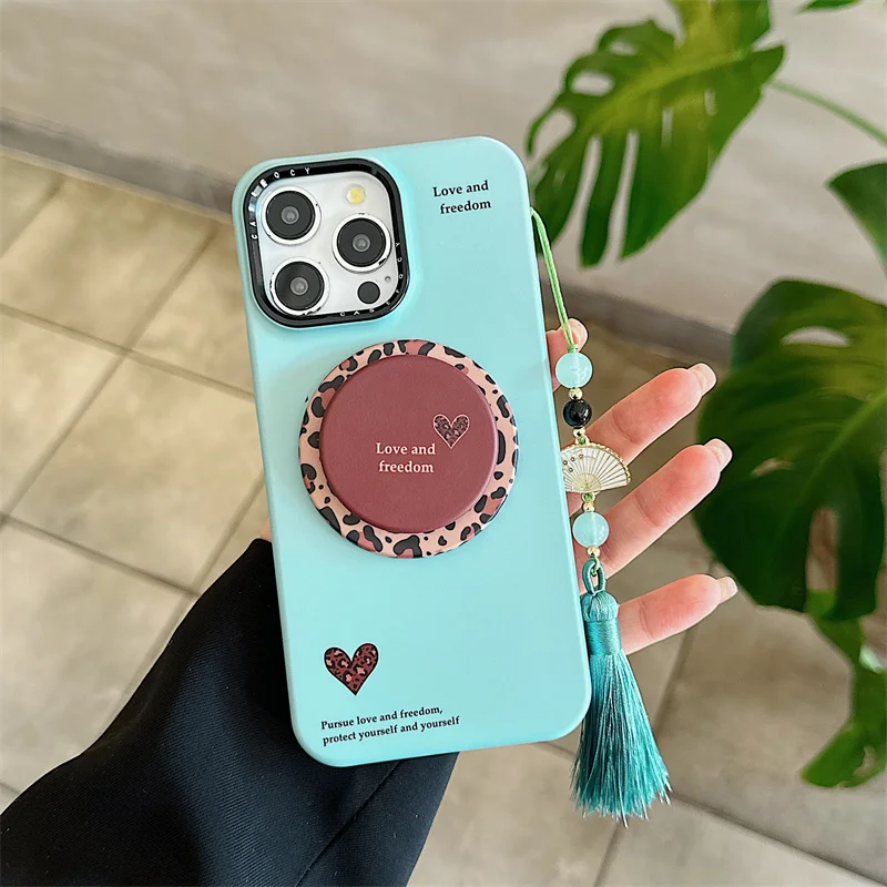 

Fashion leopard print love Magsafe Wireless Charging Case For iPhone 16 15 14 13 12 Pro Max Magnetic stand Fringe pendant cover