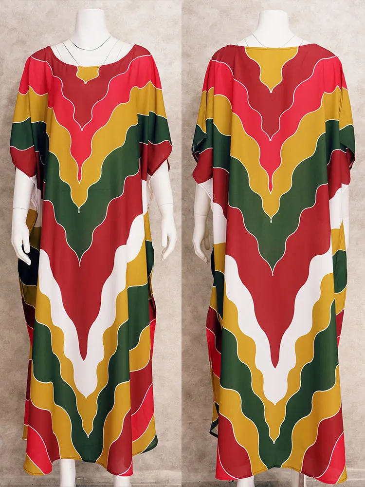 Moroccan Kaftan Boho Rainbow Print Sexy Batwing Sleeve Long Dresses 2024 Summer Women Clothing Beachwear Casual Maxi Dress Q1435