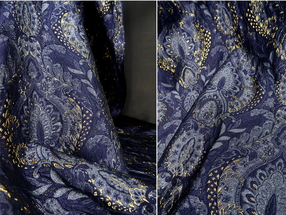 Bronzing Gold Navy Blue Embossed Jacquard Fabric Design Sewing Material Wedding Dress Garment Fabric Wide 140cm Sold By Meter