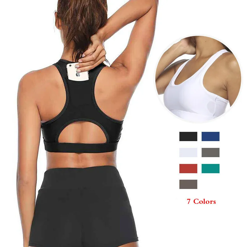 Women Workout Tank Top Gym Stretch Phone Pocket Hollow Yoga Sports Running Bra Padded Fitness Sport Bra Top Push Up Bra 2021