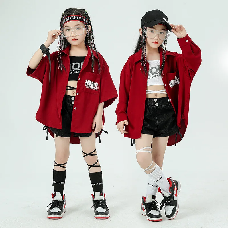 

Girls Street Dance Clothes Wine Red Shirt Tops Denim Shorts Kids Hip Hop Costume Teen Kpop Performance Clothing 6 8 10 12 14 Y