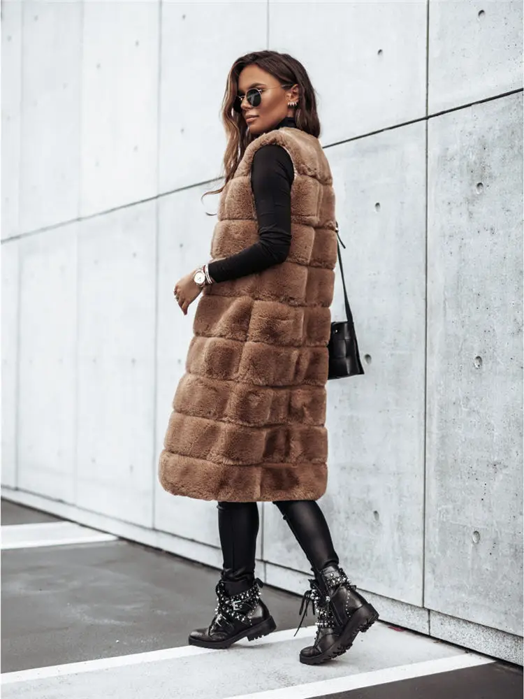 Women Luxury Faux Fur Vest Imitation Mink Fleece Sleeveless Long Cardigan Plaid Puff Coat Plush Tops