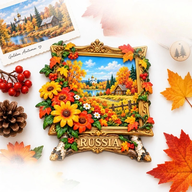Russia Fridge Magnet: Autumn Countryside with Wooden Cabin in 3D A Souvenir of Rural Charm & Forest Blooms, Unique Gift