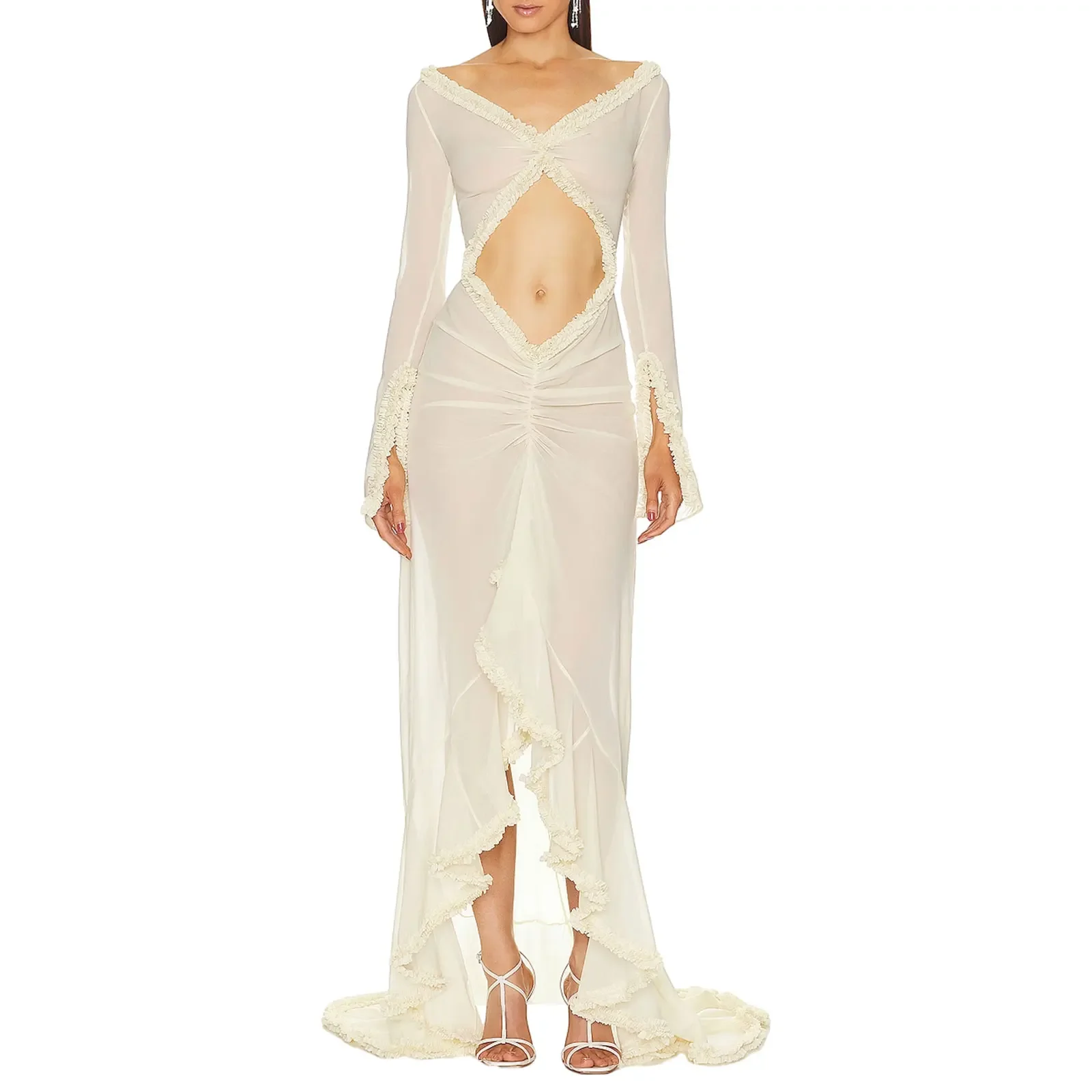 Chemise à manches longues et col en V pour femmes, vêtements de nuit en maille, robe longue, garniture à volants, nuisette transparente, lingerie sexy