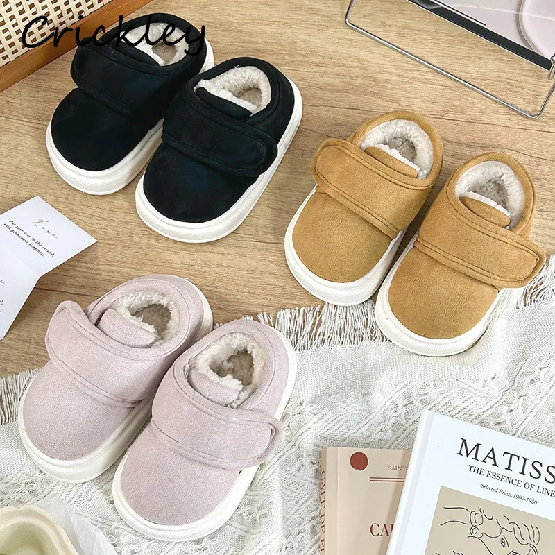 

Solid Kids Slippers Winter PU Plush Thick Soft Winter Shoes For Children Cotton Warm Non Slip Boys Girls Slippers