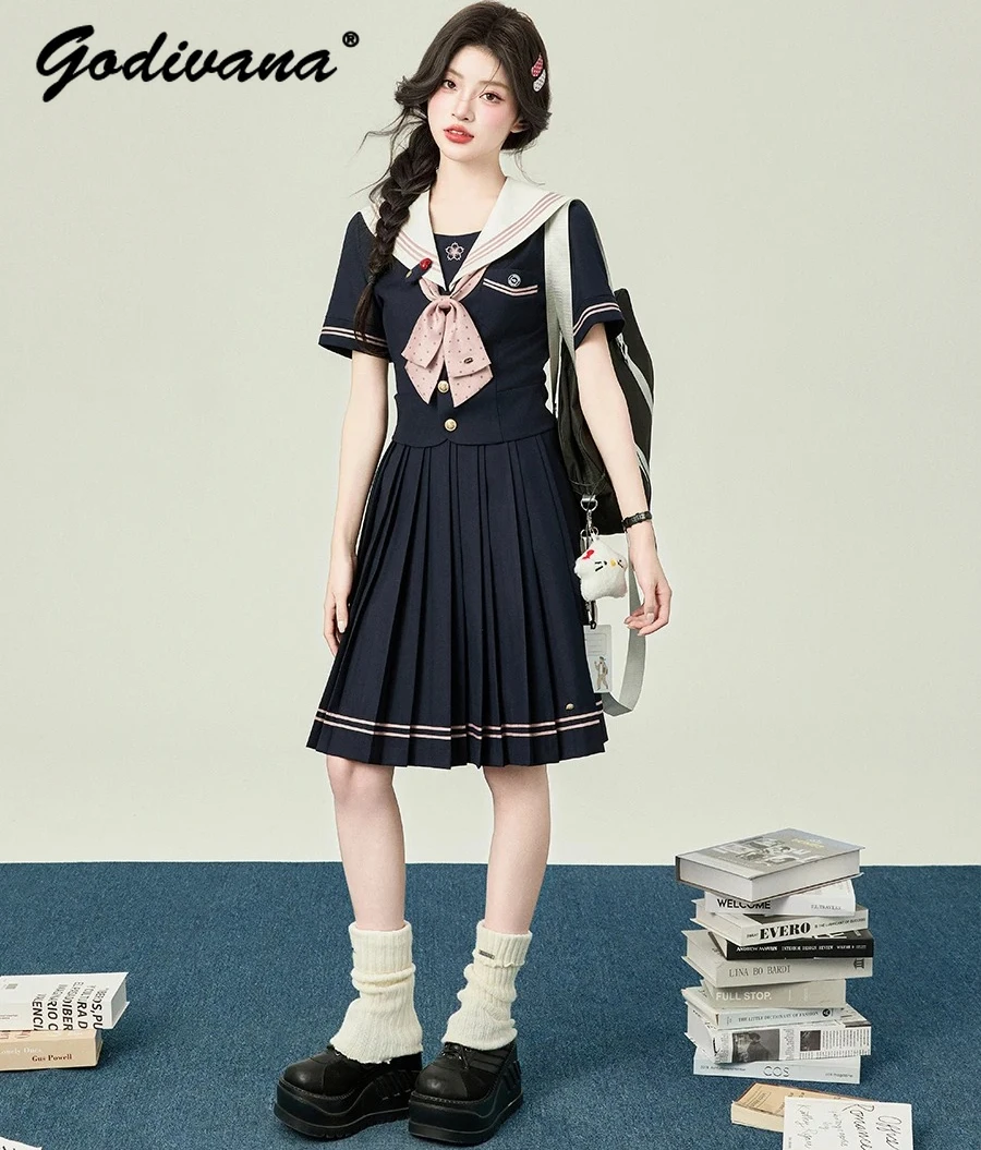 

Japanese Sweet Preppy Style JK Sailor Suit New Spring Summer Girl Women Navy Collar Short Sleeve Shirt Pleated Skirt 2 Piece Set