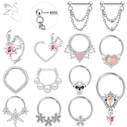 ZS 1PC 16G Pink Crystal Septum Ring Rabbit Skull Heart Nose Ring Stainless Steel Septum Piercing Pearl Cartilage Helix Earrings