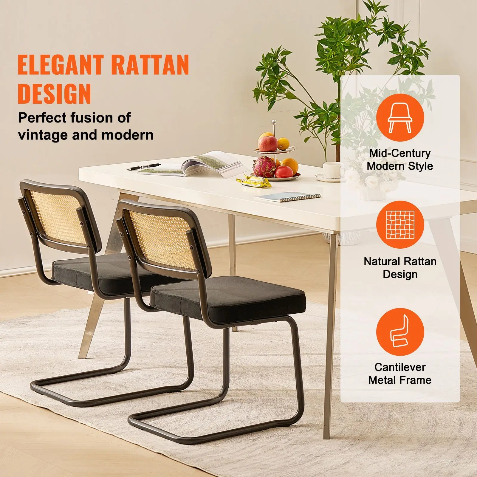 Medieval Modern Dining Chair Set 2-piece Vintage Dining Chair with Rattan Back and Padded Velvet Seat for Restaurant Use