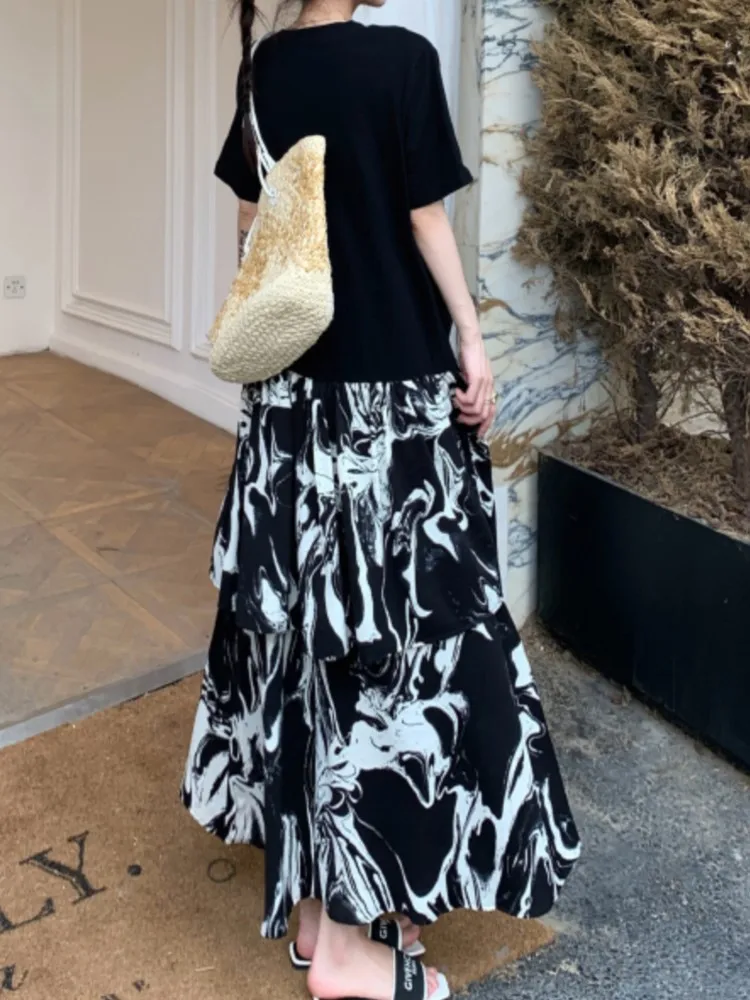 Mozigda 특대 여름 가짜 두 조각 세트 패치 워크 인쇄 꽃 드레스 여성 느슨한 긴 여자 드레스 숙녀 드레스 Vestidos